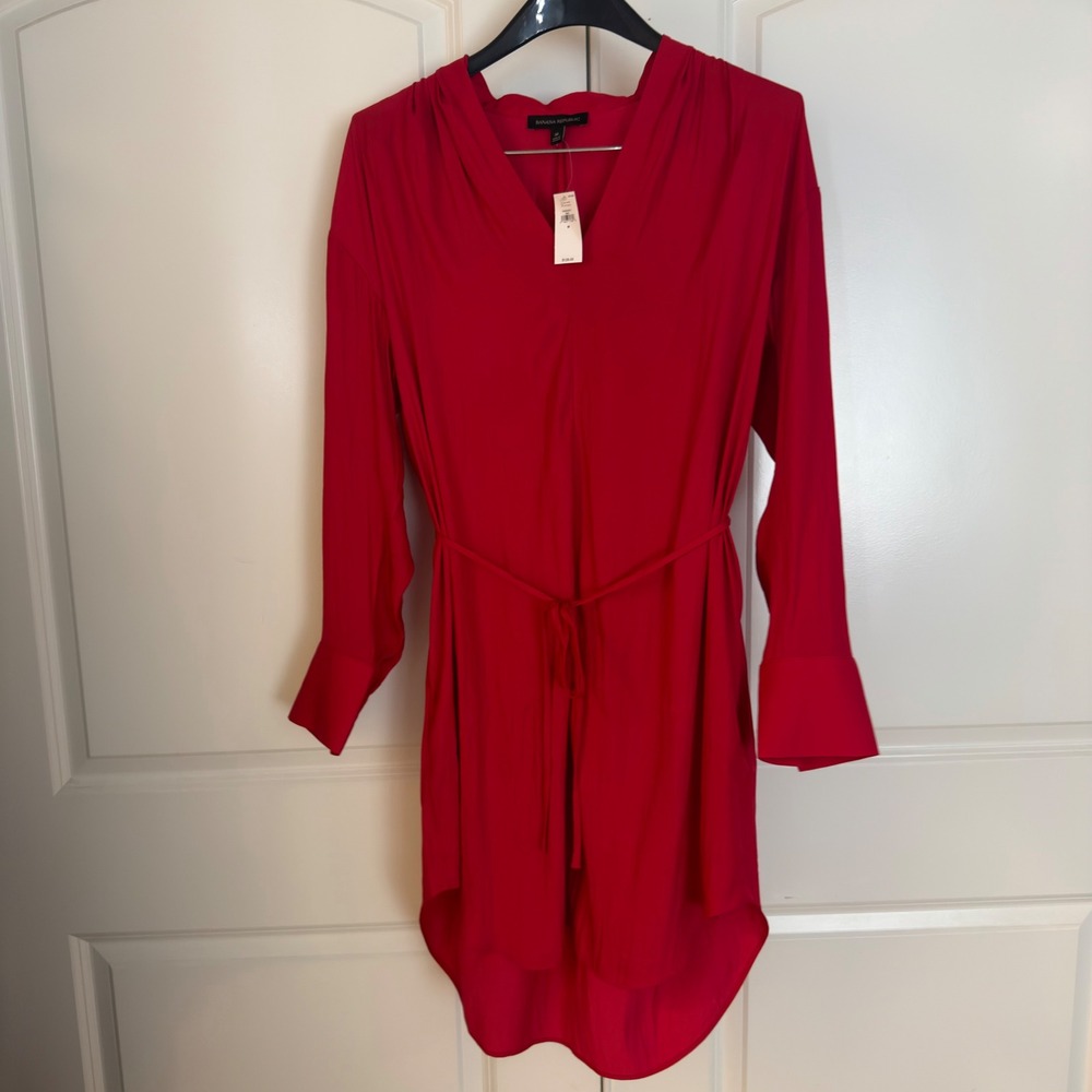 Banana Republic Womens Red Long Sleeve V-Neck Tie Waist Shirt Dress 787224 M